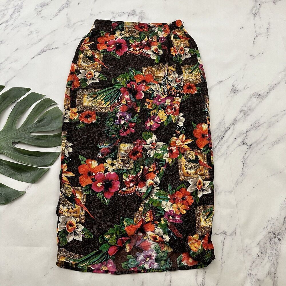 Womens Vintage Wrap Midi Skirt Size M Orange Pink Tropical Floral Parrots Tiki - Picture 1 of 8